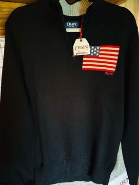 Chaps Men’s Navy Half-Zip Sweater with Embroidered American Flag NWT Quality